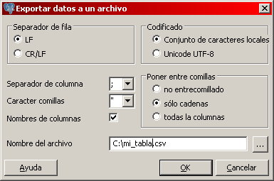 Pantalla de exportación
