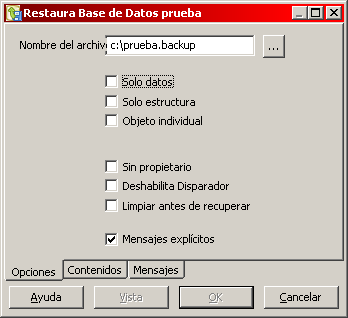 Pantalla para Restaurar (restore)